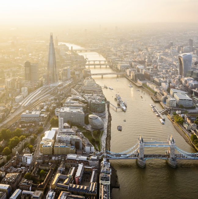 Aerial view of London cityscape and river, England